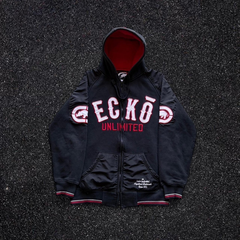 Ecko Unltd Mens Full Zip Hoodie Black Red Rhino Logo Streetwear Size Medium